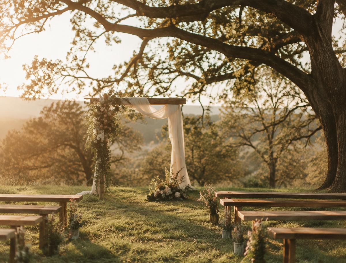 Outdoor ceremony arch beneath an oak tree