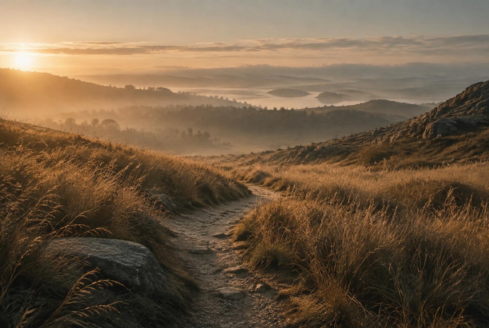 A footpath winding through golden grass at dawn